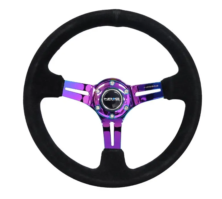 Nrg Reinforced Steering Wheel 350Mm Sport Steering Wheel Suede (3" Deep) Black Stitch With Slits In Neochrome - Rst-018S-Mcbs 1