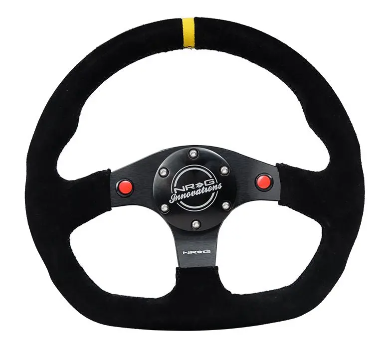 Nrg Reinforced Steering Wheel - 320Mm Sport Suede Dual Push Buttons Flat Bottom With Yellow Center Mark - Rst-024D-Mb-S-Y 1