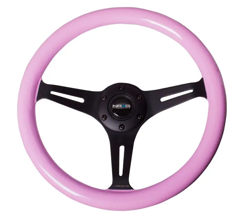 Nrg Classic Wood Grain Wheel, 350Mm 3 Black Spokes, Solid Pink Painted Grip - St-015Bk-Pk 1