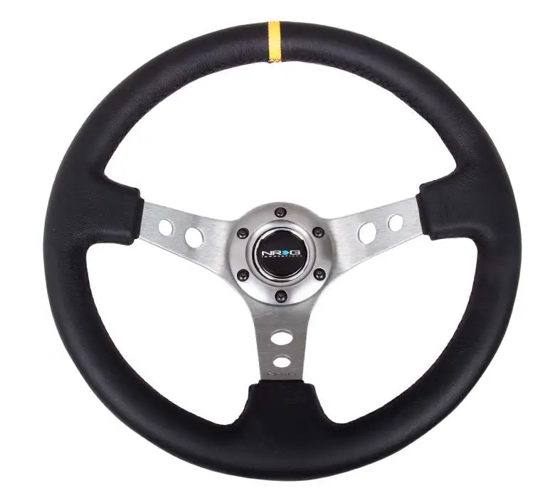 Nrg Reinforced Steering Wheel - 350Mm Sport Steering Wheel (3" Deep) - Gun Metal Spoke W/ Round Holes / Black Leather / Yellow Center Mark - Rst-006Gm-Y 1