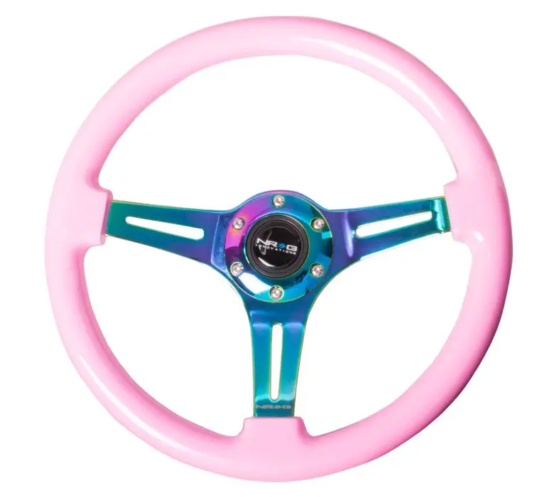 Nrg Classic Wood Grain Wheel, 350Mm 3 Neochrome Spokes, Solid Pink Painted Grip - St-015Mc-Pk 1
