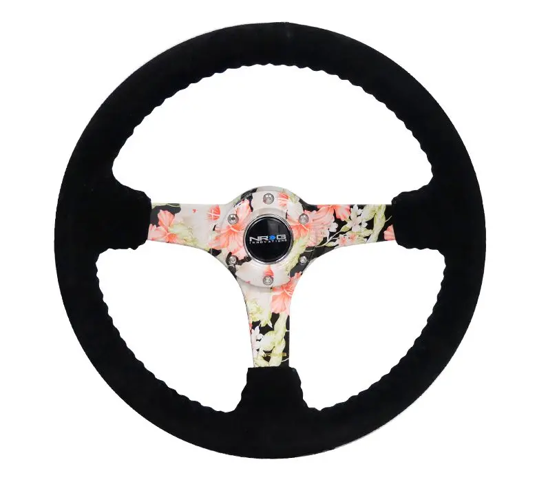 Nrg Reinforced Steering Wheel - Hydro Dipped Tropical Floral 3" Deep, 5Mm Spoke, 350Mm Sport Steering Wheel Black Suede W/ Black Baseball Stitching - Rst-036Fl-S 1