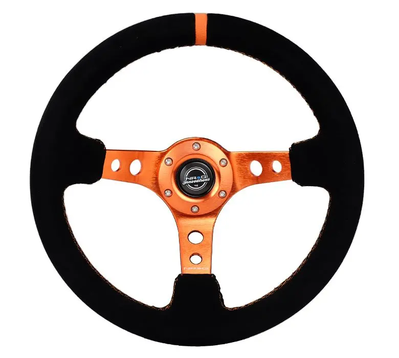Nrg Reinforced Steering Wheel - 350Mm Sport Steering Wheel (3" Deep) - Black Suede Orange Center Mark With Orange Stitching And Orange Center Spoke - Rst-006S-Or 1