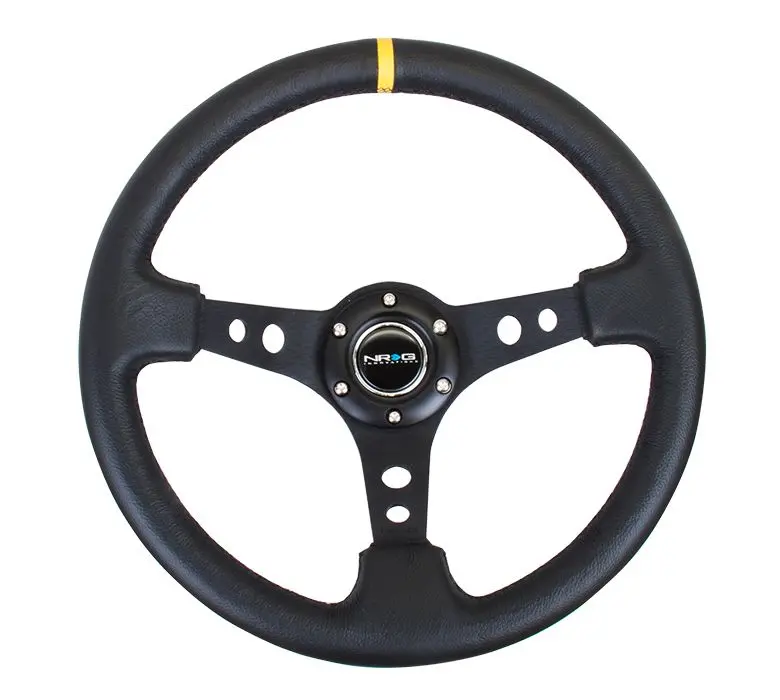 Nrg Reinforced Steering Wheel - 350Mm Sport Steering Wheel (3" Deep) - Black Spoke W/ Round Holes / Black Leather / Yellow Stripes - Rst-006Bk-Y 1