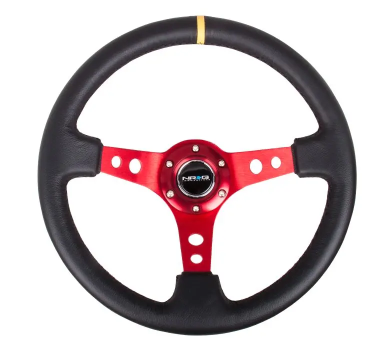 Nrg Reinforced Steering Wheel - 350Mm Sport Steering Wheel (3" Deep) - Red Spoke W/ Round Holes / Black Leather / Yellow Center Mark - Rst-006Rd-Y 1