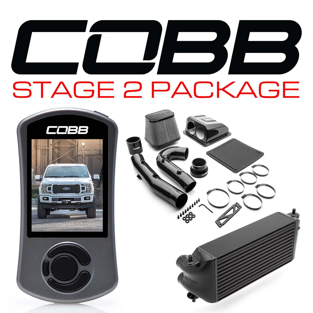 Cobb Tuning  Ford Stage 2 Redline Carbon Fiber Power Package Black (Factory Location Intercooler) F-150 2.7L 2018-2020 - For0080s20bk-Red 1