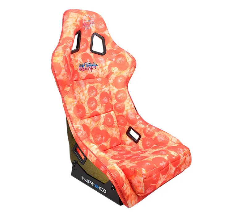 Nrg Frp Fiberglass Bucket Seat Prisma- Ultra Slice Edition With Gold Pearlized Back. Pizza Microfiber Print Finish In Vegan Material Plus Phone Pockets. (Large) - Frp-302-Pizza 1