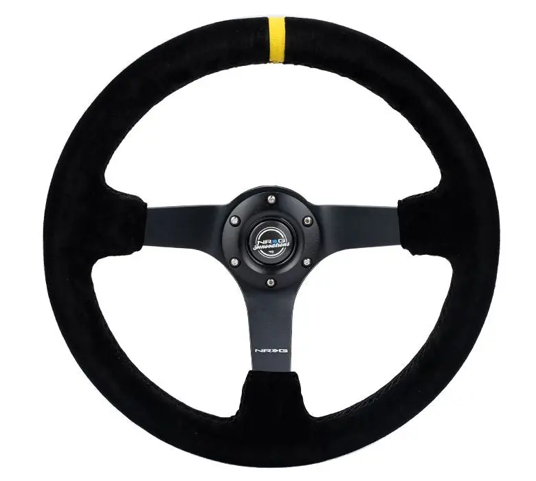 Nrg Reinforced Steering Wheel - 3" Deep, 5Mm Matte Black Spoke, 350Mm Sport Steering Wheel Black Suede W/ Black Criss Cross Stitching And Yellow Center Mark - Rst-036Mb-S-Y 1