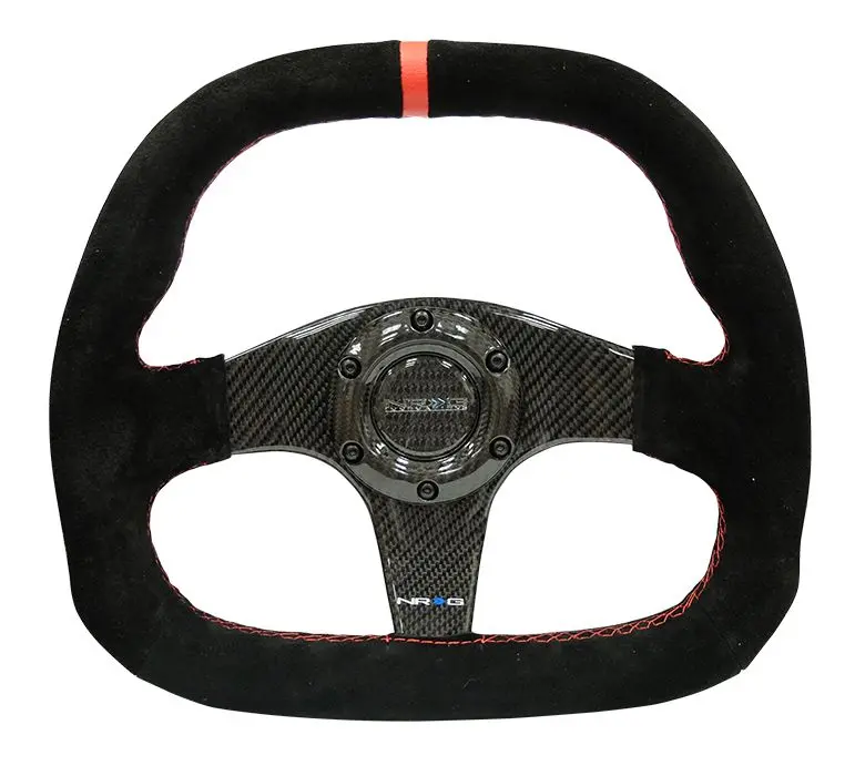 Nrg Carbon Fiber Steering Wheel 320Mm Black Carbon Fiber Center W/ Red Stitch Red Center Mark Flat Bottom - St-019Cf 1