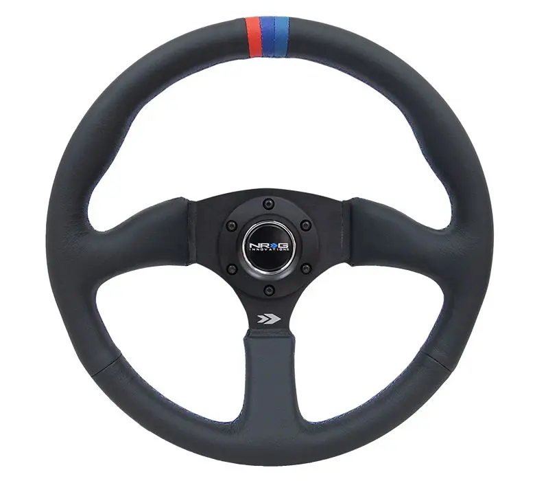 Nrg Reinforced Steering Wheel - 350Mm Sport Leather Racing ( 2.5" Deep) Comfort Grip, 4Mm Matte Black Spoke With M3 Stitching And Line - Rst-023Mb-R-M3 1
