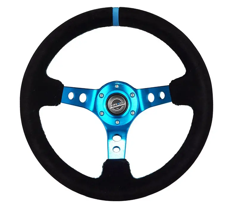 Nrg Reinforced Steering Wheel - 350Mm Sport Steering Wheel (3" Deep) - Blue Spoke W/ Round Holes / Black Leather And Blue Center Stripe, And Blue Stitching - Rst-006S-Bl 1