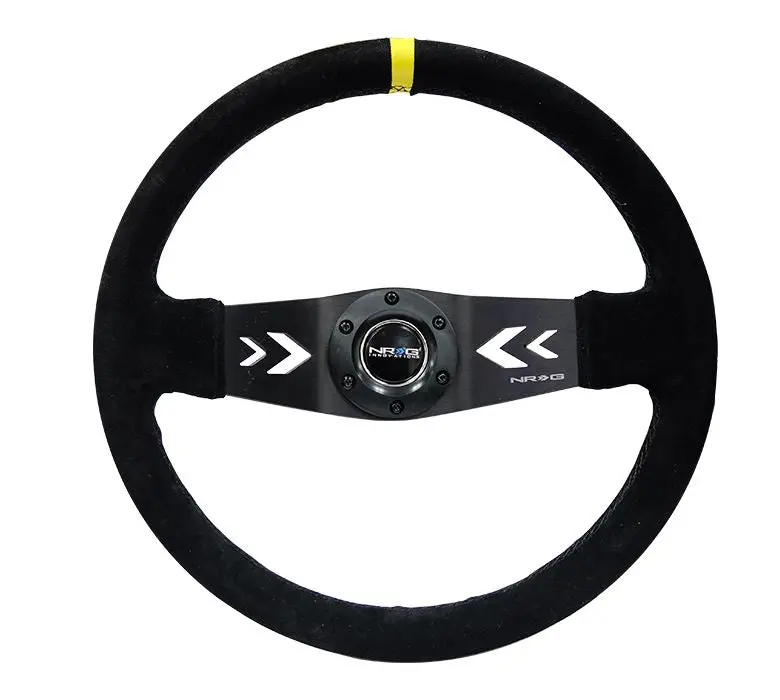 Nrg Reinforced Steering Wheel Nrg Arrow Cut Out Two Spoke 350Mm Sport Stereing Wheel Suede (3" Deep) Black Suede, Yellow Center Marking, - Rst-022S-Y 1
