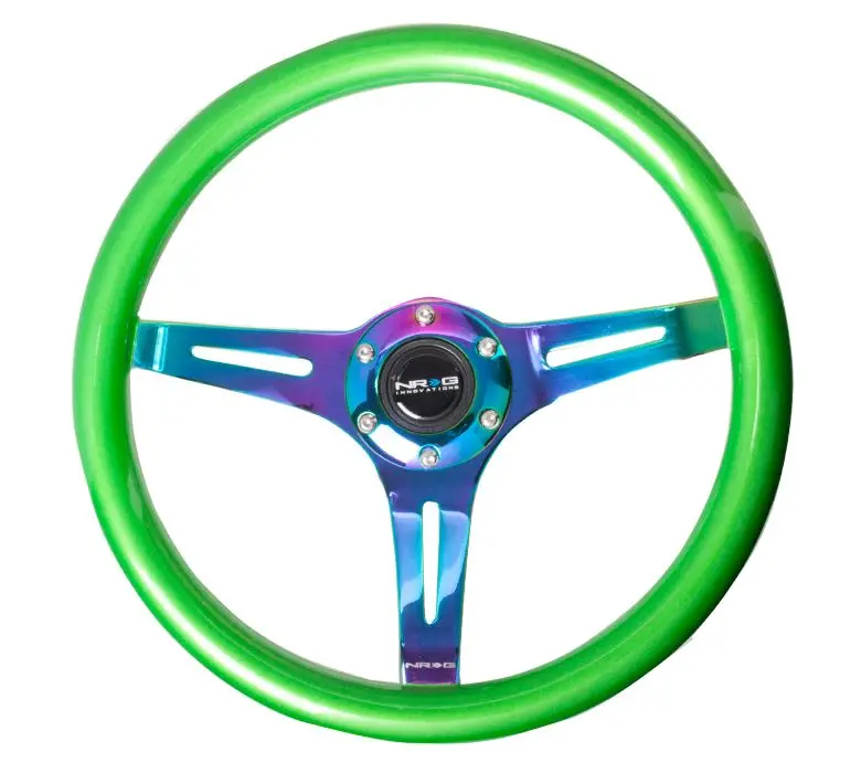 Nrg Classic Wood Grain Wheel, 350Mm 3 Neochrome Spokes, Green Pearl/Flake Paint - St-015Mc-Gn 1