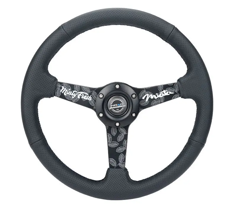 Nrg 350Mm Sport Steering Wheel (1.5' Deep) Black Perforated Leather With Black Stitching - Matte Black Solid Spokes With Minty Fresh Miata Logo Etched - Rst-037Mb-Mf 1