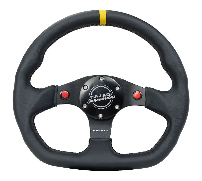 Nrg Reinforced Steering Wheel - 320Mm Sport Leather Dual Push Buttons Flat Bottom With Yellow Center Mark - Rst-024D-Mb-R-Y 1