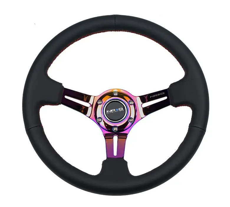 Nrg Reinforced Steering Wheel 350Mm Sport Steering Wheel Leather (3" Deep) Red Stitch With Slits In Neochrome - Rst-018R-Mcrs 1