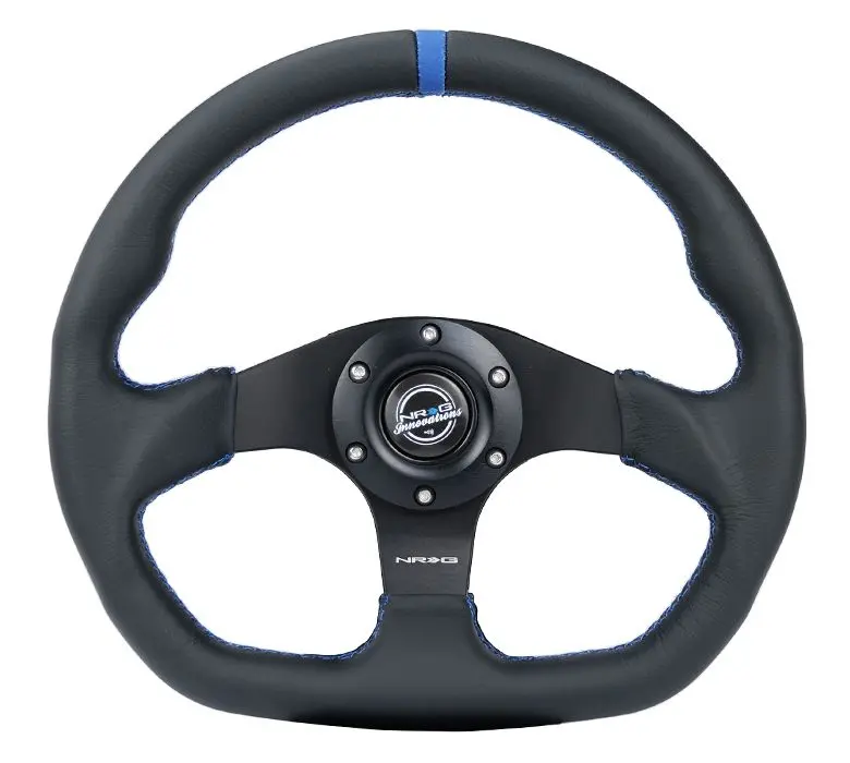 Nrg Reinforced Steering Wheel - 320Mm Sport Leather Flat Bottom With Blue Center Mark, Blue Stitching - Rst-024Mb-R-Bl 1