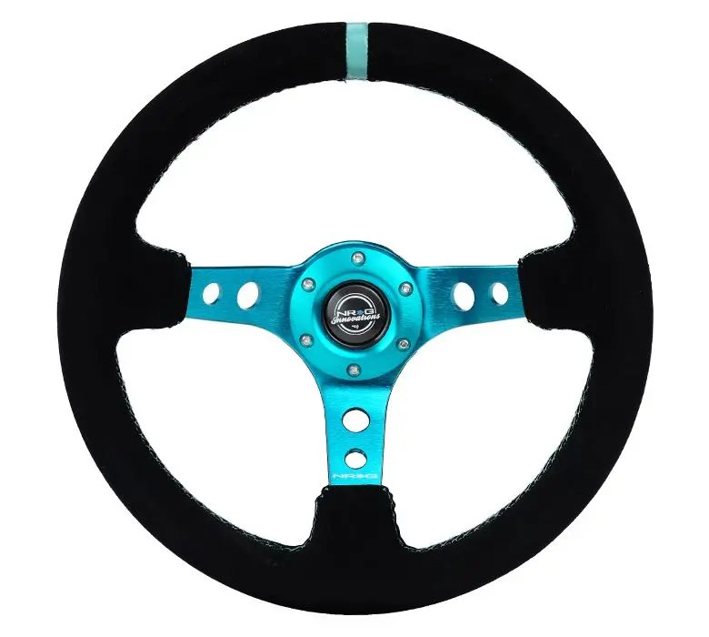Nrg Reinforced Steering Wheel - 350Mm Sport Steering Wheel (3" Deep) - Black Suede Teal Center Mark With Teal Stitching And Teal Center Spoke - Rst-006S-Tl 1