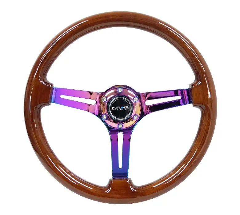 Nrg Reinforced Classic Wood Grain Wheel, 350Mm, 3 Spoke Slotted Center Neochrome With Brown Painted Wood - Rst-018Br-Mc 1