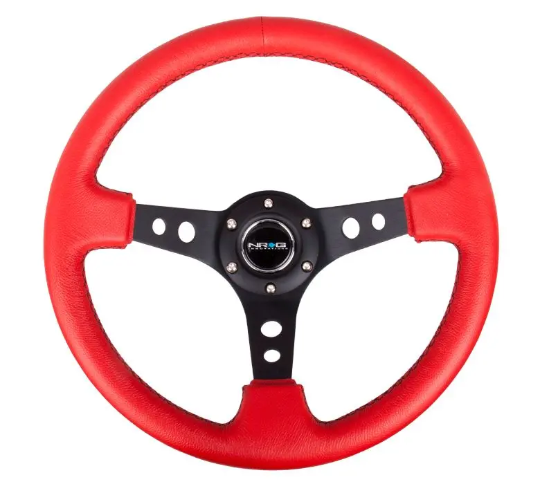 Nrg Reinforced Steering Wheel - 350Mm Sport Steering Wheel (3" Deep) - Black Spoke W/ Round Holes / Red Leather / Black Stitch - Rst-006Rr-Bs 1
