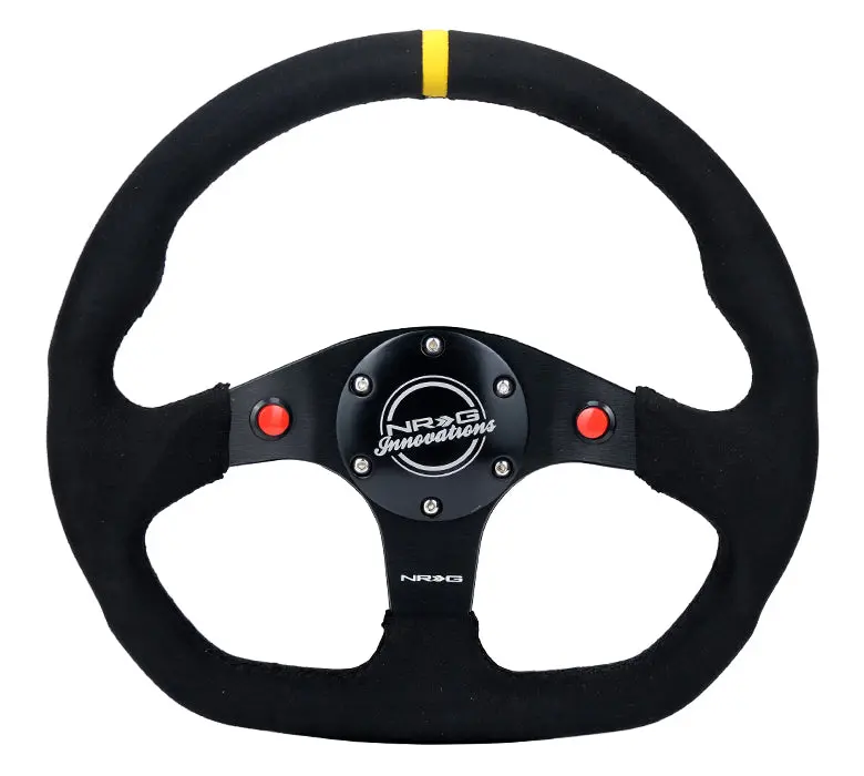 Nrg Reinforced Steering Wheel - 320Mm Sport Alcantara Dual Push Buttons Flat Bottom With Yellow Center Mark - Rst-024D-Mb-Sa-Y 1