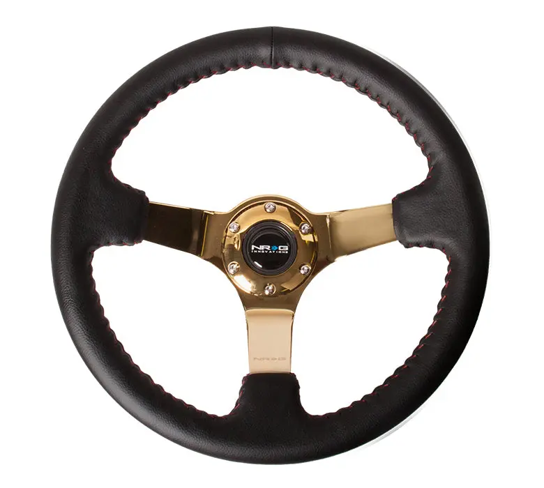 Nrg Reinforced Steering Wheel - 350Mm Sport Steering Wheel (3' Deep) Black Leather With Red Baseball Stitching - Chrome Gold Spoke - Rst-036Gd 1