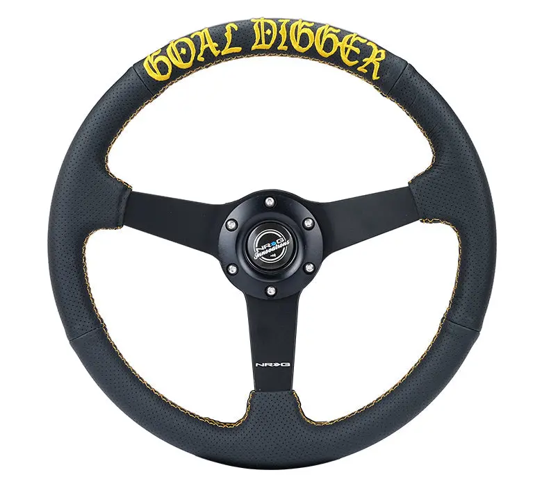 Nrg 350Mm Sport Steering Wheel (1.5' Deep) Black Perforated Leather With Gold Stitching - Matte Black Solid Spokes, Goal Digger Gold Stitching In Front - Rst-037Mb-Pr-Gd 1