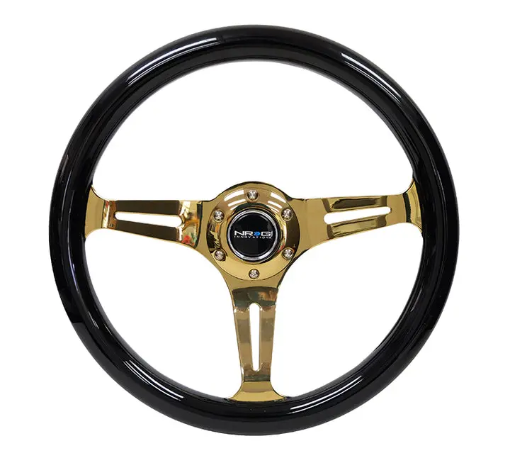 Nrg Classic Wood Grain Wheel - 350Mm 3 Chrome Gold Spokes - Black Grip - St-015Cg-Bk 1