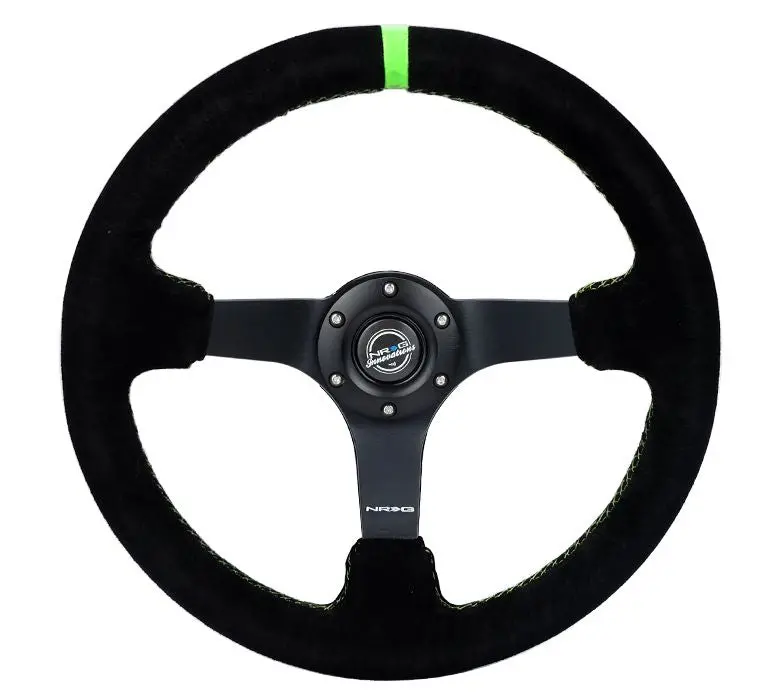 Nrg Reinforced Steering Wheel - 3" Deep, 5Mm Matte Black Spoke, 350Mm Sport Steering Wheel Black Suede W/ Neon Green Baseball Stitching / Neon Green Center Mark - Rst-036Mb-S-Gn 1