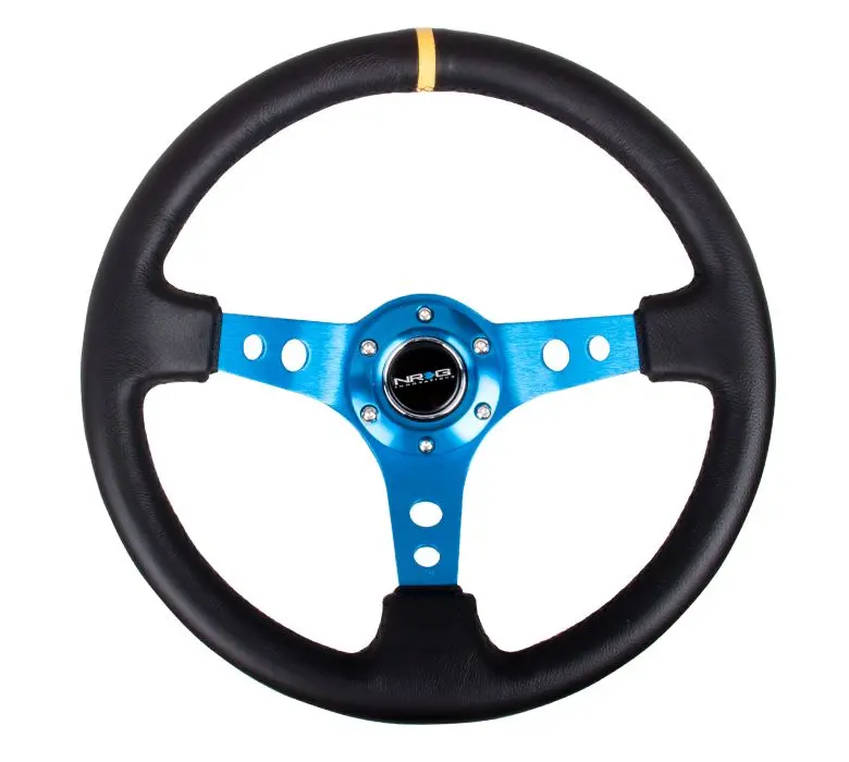 Nrg Reinforced Steering Wheel - 350Mm Sport Steering Wheel (3" Deep) - Blue Spoke W/ Round Holes / Black Leather And Yellow Center Stripe - Rst-006Bl-Y 1