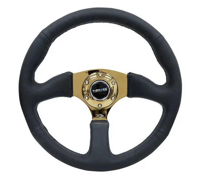 Nrg Reinforced Steering Wheel- 350Mm Sport Leather Racing ( 2.5" Deep) Comfort Grip 4Mm Metal Gold Spoke - Rst-023Gd-R 1