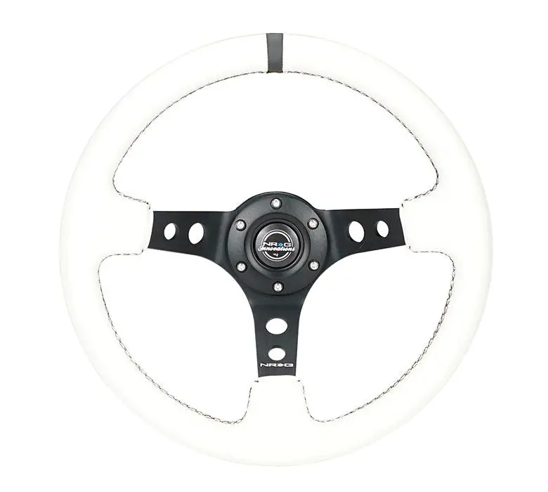 Nrg Reinforced Steering Wheel - 350Mm Sport Steering Wheel (3" Deep) - Black Spoke W/ Round Holes / White Leather / White Stripes - Rst-006Bk-Wt-B 1
