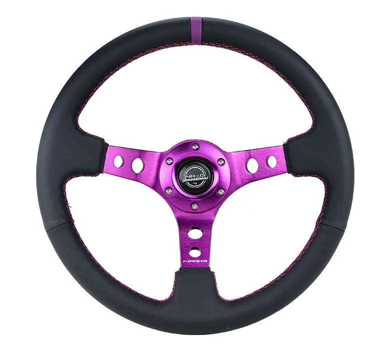 Nrg Reinforced Steering Wheel - 350Mm Sport Steering Wheel (3" Deep) - Black Leather, Purple Center Mark With Purple Stitching - Rst-006Pp 1