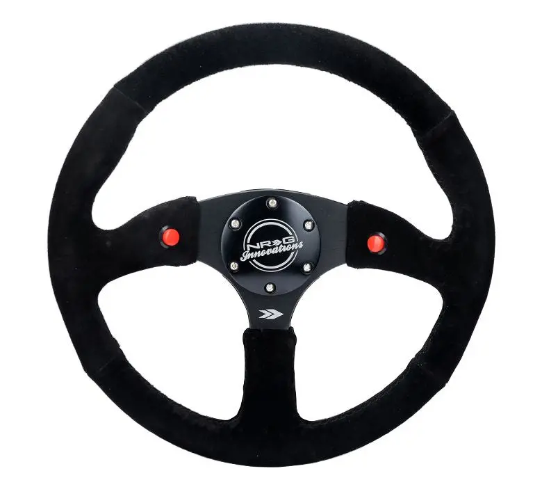 Nrg Reinforced Steering Wheel - 350Mm Sport Suede Racing ( 2.5" Deep) Comfort Grip, 4Mm Matte Black Spoke With Suede Finish And Dual Button - Rst-023D-S 1