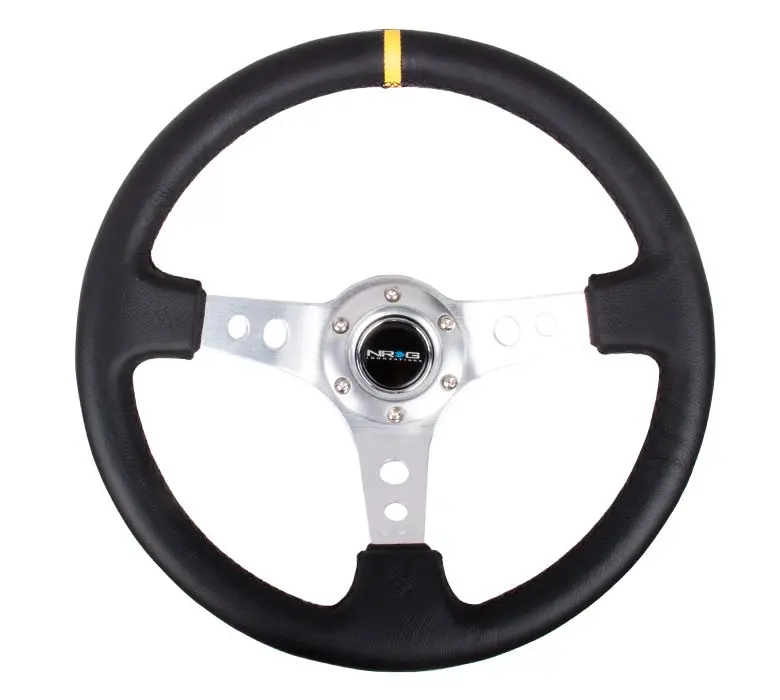 Nrg Reinforced Steering Wheel - 350Mm Sport Steering Wheel (3" Deep) - Silver Spoke W/ Round Holes / Black Leather / Yellow Center Mark - Rst-006Sl-Y 1