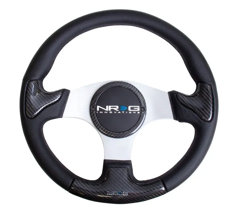 Nrg Carbon Fiber Steering Wheel 350Mm Silver Frame Blk Stitching W/ Rubber Cover Horn Button - St-014Cfsl 1