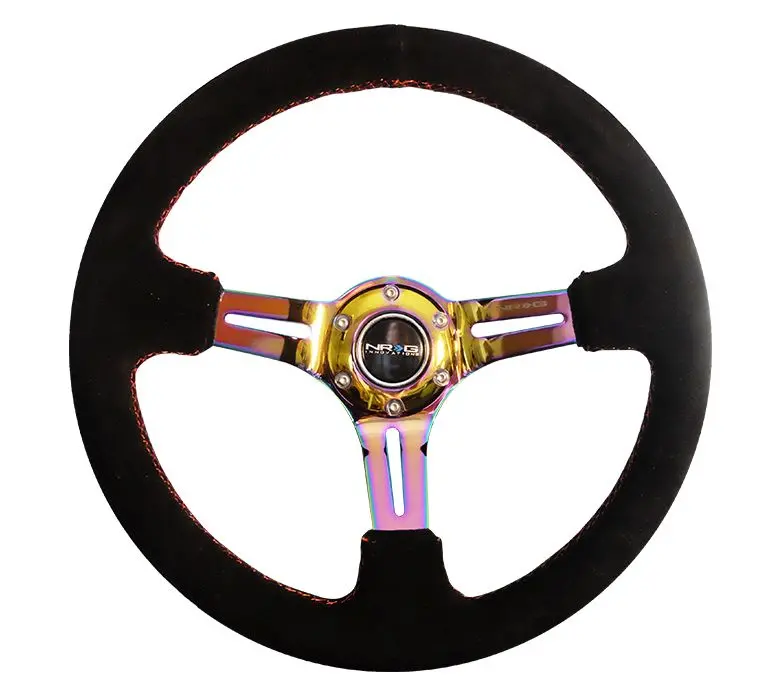 Nrg Reinforced Steering Wheel 350Mm Sport Steering Wheel Suede (3" Deep) Red Stitch With Slits In Neochrome - Rst-018S-Mcrs 1