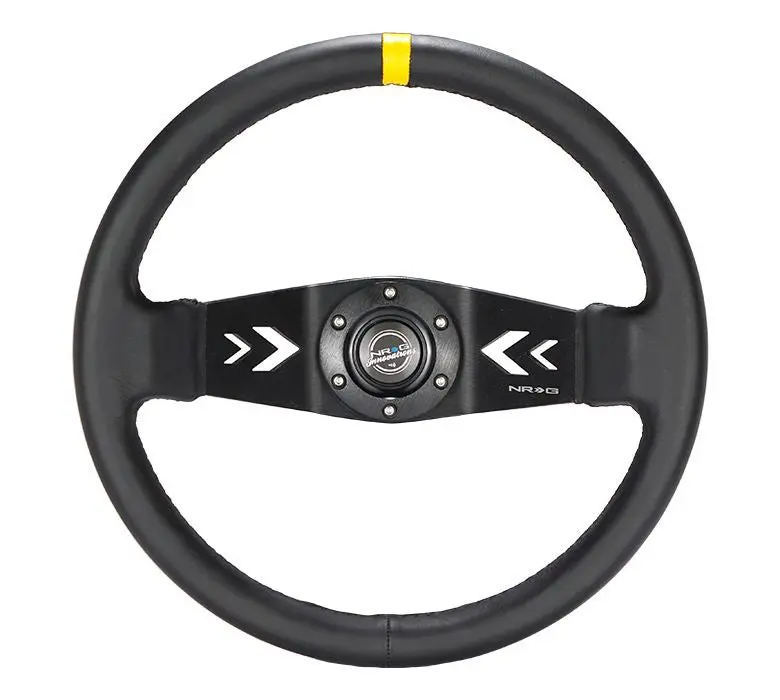 Nrg Reinforced Steering Wheel Nrg Arrow Cut Out Two Spoke 350Mm Sport Stereing Wheel Leather (3" Deep) Black Suede, Yellow Center Marking, Nrg Arrow Cut Out Two Spoke - Rst-022R-Y 1