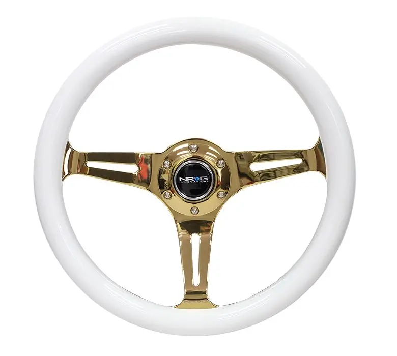Nrg Classic Wood Grain Wheel - 350Mm 3 Chrome Gold Spokes - White Grip - St-015Cg-Wt 1