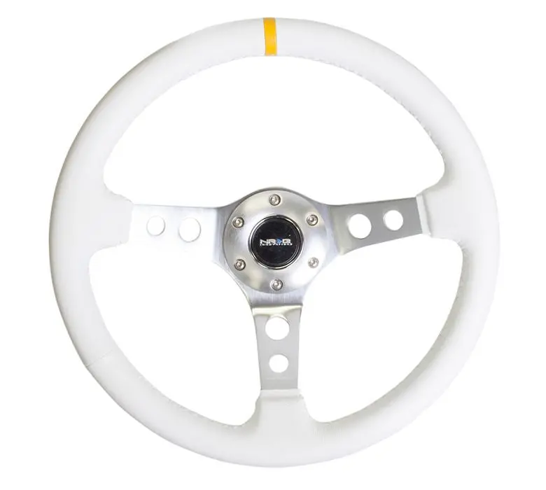 Nrg Reinforced Steering Wheel - 350Mm Sport Steering Wheel (3" Deep) Silver Spoke With White Leather Finish And White Stitch - Rst-006Wt-Y 1