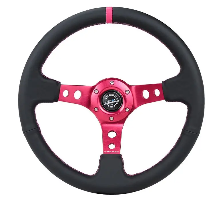 Nrg Reinforced Steering Wheel - 350Mm Sport Steering Wheel (3" Deep) - Black Leather Fushia Center Mark With Fushia Stitching.Fushia Center Spoke - Rst-006Fh 1
