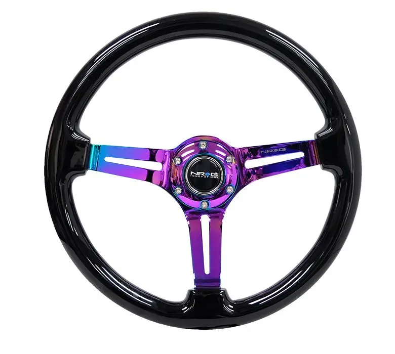 Nrg Reinforced Classic Wood Grain Wheel, 350Mm, 3 Spoke Slotted Center Neochrome With Black Painted Wood - Rst-018Bk-Mc 1