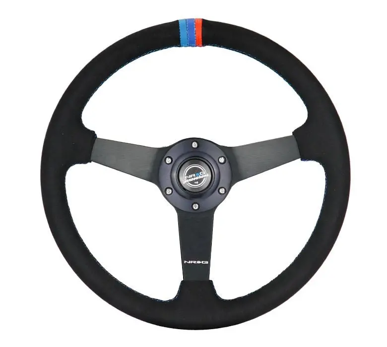Nrg 350Mm Sport Steering Wheel (1.5' Deep) Black Perforated Leather With M3 Stitching - Matte Black Solid Spokes With Minty Fresh Miata Logo Etched - Rst-037Mb-Sa-M3 1