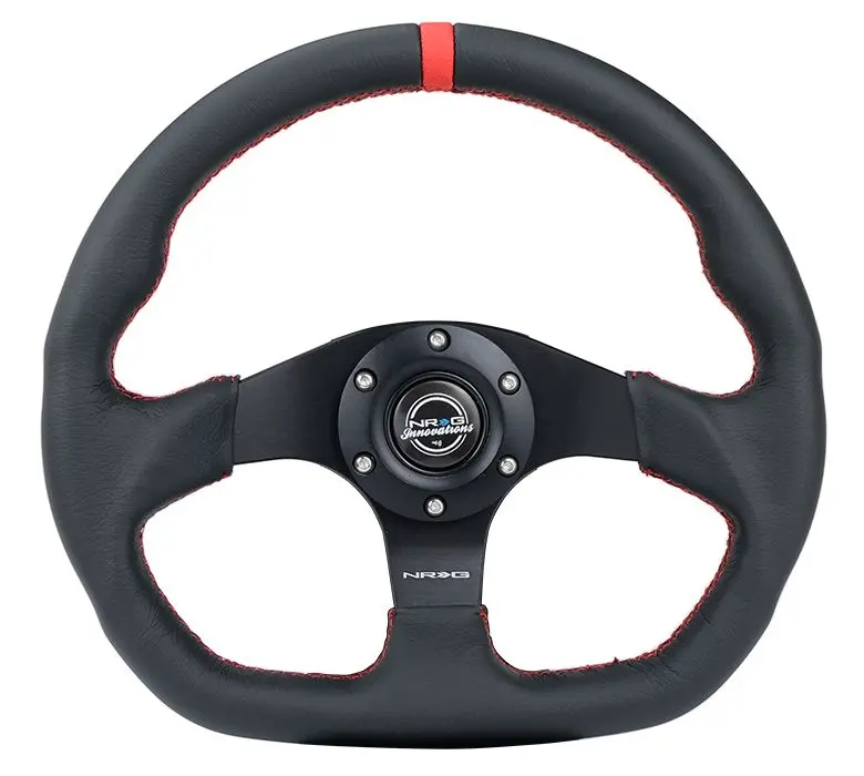 Nrg Reinforced Steering Wheel - 320Mm Sport Leather Flat Bottom With Red Center Mark, Red Stitching - Rst-024Mb-R-Rd 1