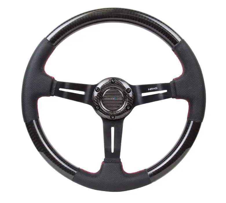 Nrg Carbon Fiber Steering Wheel W/ Leather Accent 350Mm 1.5" Deep Red Stiching - St-010Cfrs 1