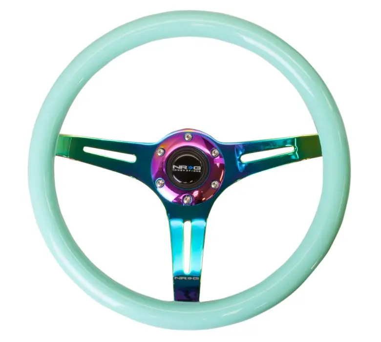 Nrg Classic Wood Grain Wheel - 350Mm 3 Neochrome Spokes - Minty Fresh Color - St-015Mc-Mf 1