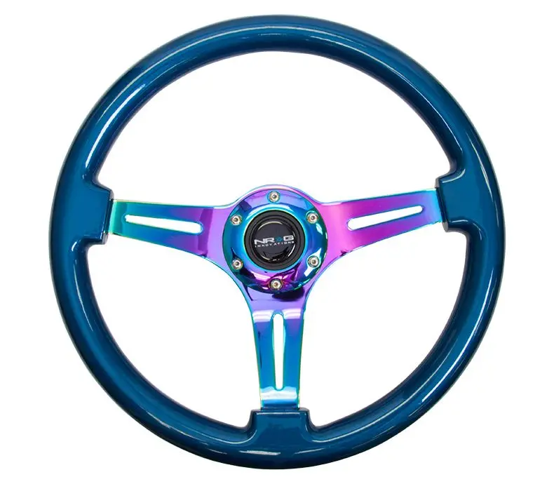 Nrg Classic Wood Grain Wheel, 350Mm 3 Neochrome Spokes, Blue Pearl/Flake Paint - St-015Mc-Bl 1