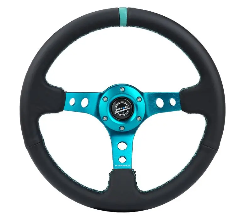 Nrg Reinforced Steering Wheel - 350Mm Sport Steering Wheel (3" Deep) - Black Leather Teal Center Mark With Teal Stitching And Teal Center Spoke - Rst-006Tl 1
