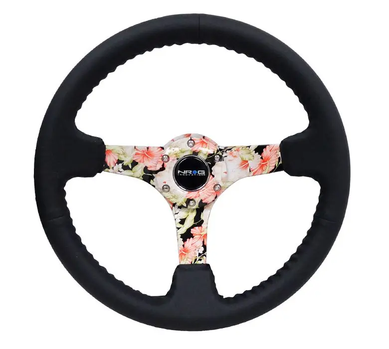 Nrg Reinforced Steering Wheel - Hydro Dipped Tropical Floral 3" Deep, 5Mm Spoke, 350Mm Sport Steering Wheel Black Leather W/ Black Baseball Stitching - Rst-036Fl-R 1