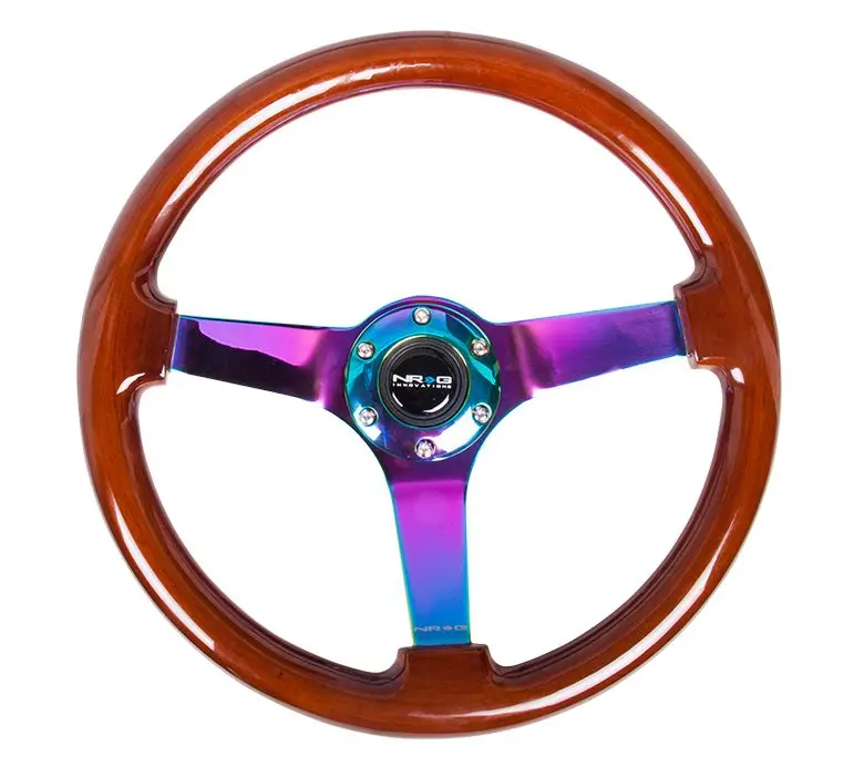 Nrg Reinforced Steering Wheel - Classic Dark Wood Grain Wheel (3" Deep, 4Mm ), 350Mm, 3 Solid Spoke Center In Neochrome - Rst-036Br-Mc 1